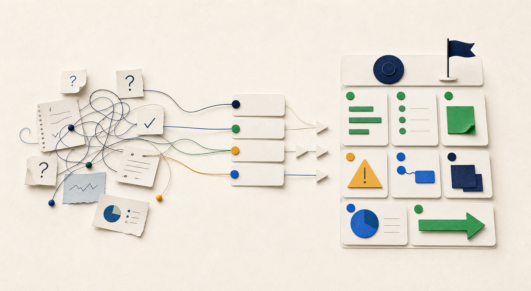 Scattered notes and tangled lines becoming an organized set of planning elements.