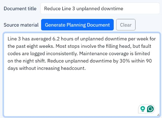 LLM Plan source form filled with a manufacturing downtime brief.